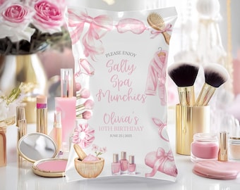 Plantilla editable para bolsa de patatas fritas de fiesta de spa, bolsa de patatas fritas rosa glamurosa para cumpleaños, envoltorio imprimible para aperitivos de día de spa, decoración para fiestas de maquillaje y mimos, Canva SP3