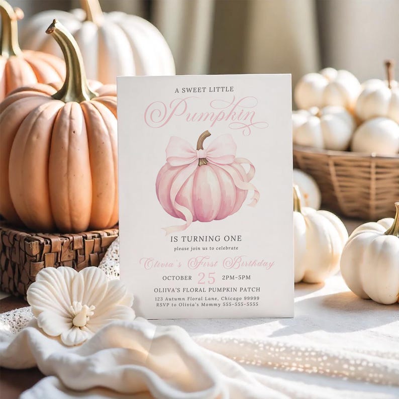 Roze pompoen eerste verjaardagsuitnodiging herfst coquette boog uitnodigen bloemen pompoen partij bewerkbare sjabloon meisje 1e verjaardag afdrukbare herfst AP2 afbeelding 5