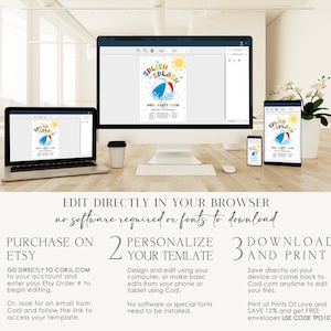 May include: A computer screen shows a colorful pool party invitation template with the text "Splish Splash Pool Party" and a cartoon illustration of a beach ball, sun, and water. The text "Edit Directly in Your Browser, no software required or fonts to download" is displayed below the screen. The steps to purchase, personalize, and download the template are listed below the text.