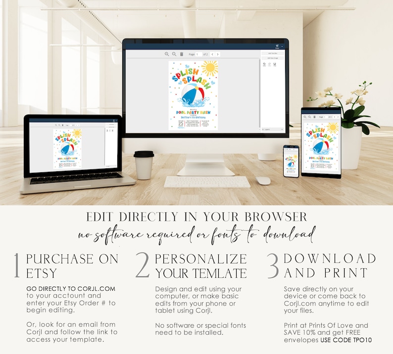 May include: A computer screen shows a colorful pool party invitation template with the text "Splish Splash Pool Party" and a cartoon illustration of a beach ball, sun, and water. The text "Edit Directly in Your Browser, no software required or fonts to download" is displayed below the screen. The steps to purchase, personalize, and download the template are listed below the text.