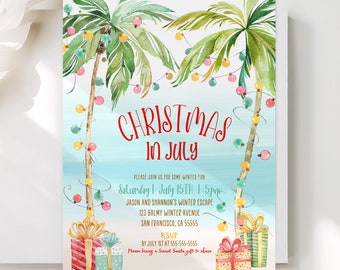 Christmas In July Party Invitation Template Editable Palm Tree Beach Tropical Christmas Printable Holiday Invitation Printable Download TC1
