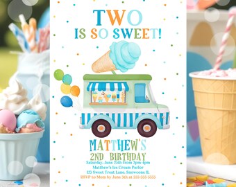 Editable Ice Cream Truck Birthday Invitation Ice Cream Two Is So Sweet 2nd Birthday Party Ice Cream Truck 2nd Birthday Instant Download C3E