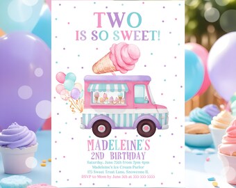 Editable Ice Cream Truck Birthday Invitation Ice Cream Two Is So Sweet 2nd Birthday Party Ice Cream Truck 2nd Birthday Instant Download C3C