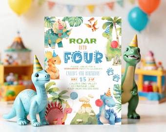 May include: A rectangular birthday invitation card featuring watercolor illustrations of various dinosaurs wearing party hats, palm leaves, and a volcano. The text reads: ROAR INTO FOUR, PLEASE JOIN US FOR A DINOMITE PARTY TO CELEBRATE CALEB'S 4TH BIRTHDAY.