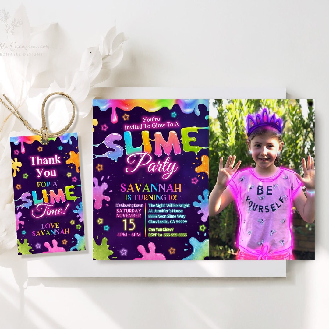 Slime Photo Invitation Editable Glow Slime Party Invitation Template ...