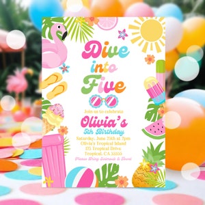 EDITABLE Dive Into Five 5th Birthday Party Invitation Tropical Summer Splish Splash Girly Pool Birthday Party Instant Download P5 image 3