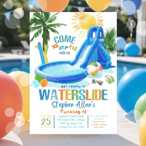 Boy's Water Slide Birthday Party Invitation Birthday Blue Tropical Editable Waterslide Birthday Splash Invite Waterslide Party Canva W7R