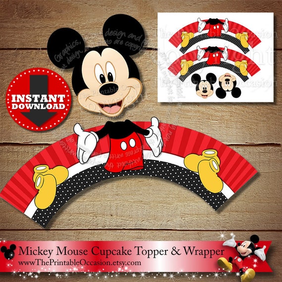 Mickey Mouse Cupcake Topper and Wrapper Set, - INSTANT DOWNLOAD - Red Yellow Black Mickey Mouse Cupcake Topper, PRINTABLE File Clubhouse Il_570xn