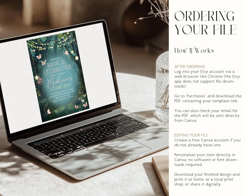The enchanted forest birthday invitation template is fully editable in Canva for easy personalization. This woodland birthday invite features magical fairy lights, glowing details, and a lush enchanted garden theme. Perfect for girls woodland parties or fairy garden birthday celebrations, this enchanted invite can be printed or shared digitally.