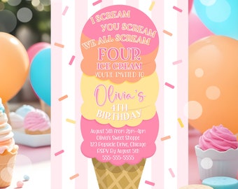 Editable Ice Cream Birthday Invitation I scream You Scream We All Scream Four Ice Cream 4th Birthday Party Invite Invite Instant Download C4