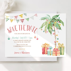 Tropical Christmas Save The Date Template Editable Tropical Christmas in July Party Invitation Printable Palm Tree Holiday Save The Date TC1