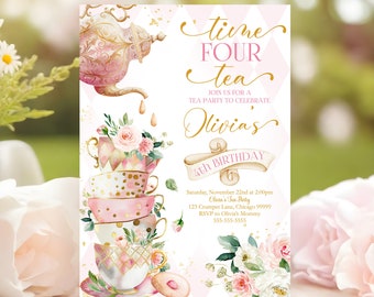 Time Four Tea 4th Birthday Party Invitation Editable Tea Party Invitation 4th Birthday Party Invite Garden Party Pink Gold Floral Canva TE1