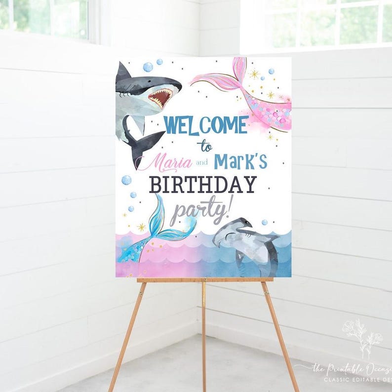 Sharks and Mermaids Birthday Party Welcome Sign Sharks Mermaid Printable Welcome Poster Custom Pool Party Sign Template Instant Download