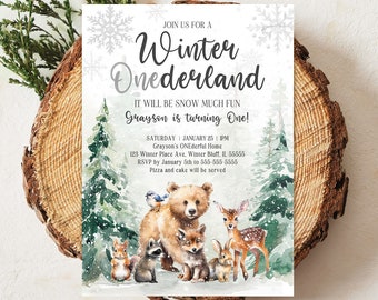 Winter ONEderland Woodland Birthday Invitation Editable Winter ONEderland First Birthday Invite Arctic Animals Forest Trees Birthday Boy W2