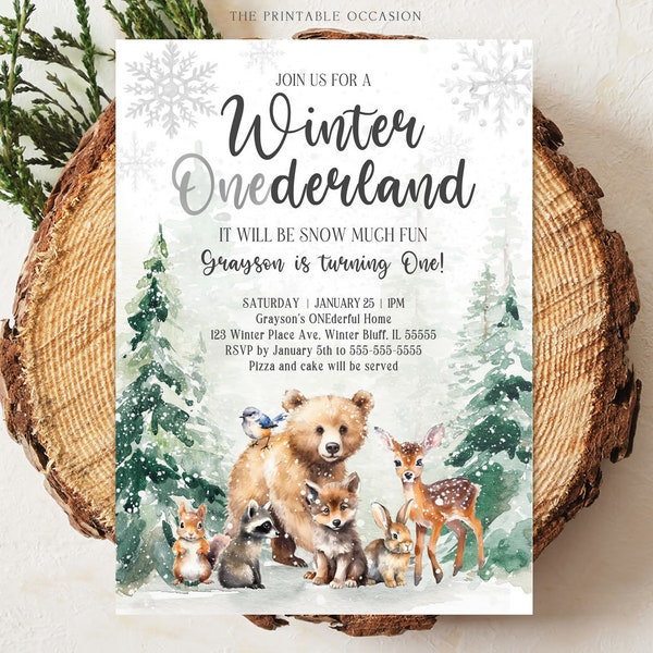 Winter ONEderland Woodland Birthday Invitation Editable Winter ONEderland First Birthday Invite Arctic Animals Forest Trees Birthday Boy W2