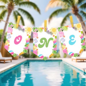 Editable Girl Pool Party Highchair Banner Tropical First Birthday Decorations Summer 1st Birthday Highchair Banner Girl Beach Theme Decor P5