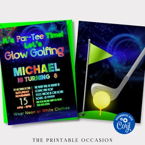 SAME DAY SVC Glow Golf Invitations, Glow Golf Birthday Party, Golf Invitations, Birthday Party, Glow Party, Neon Birthday, Glow Golf Party image 1