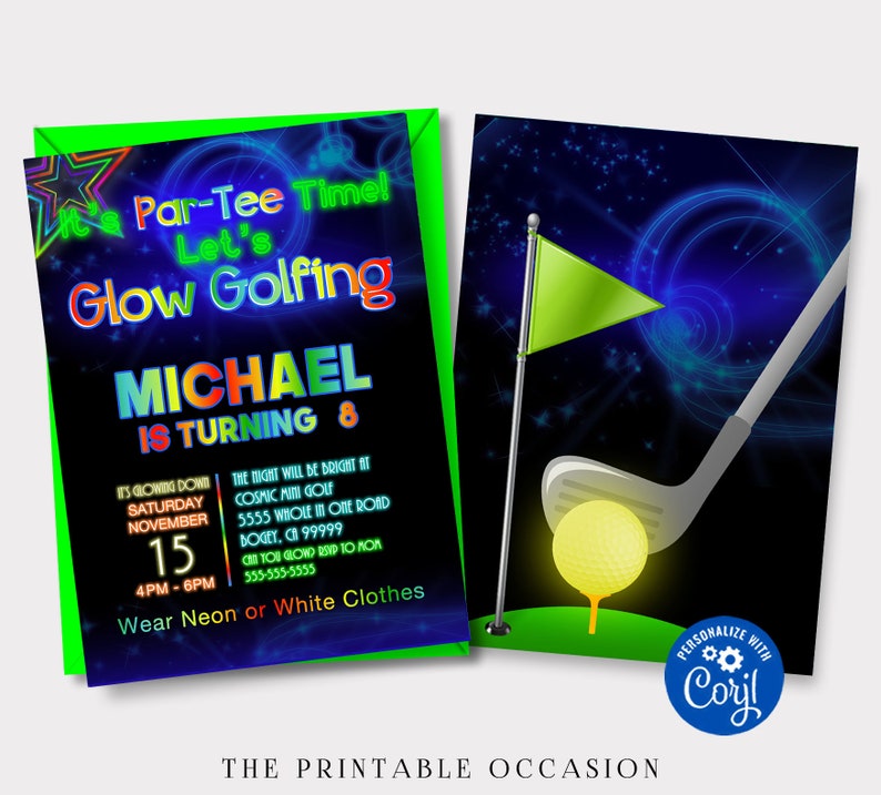 SAME DAY SVC Glow Golf Invitations, Glow Golf Birthday Party, Golf Invitations, Birthday Party, Glow Party, Neon Birthday, Glow Golf Party image 1