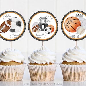 EDITABLE All Sports Cupcake Toppers ANY AGE, Sports Birthday Party Cupcake Toppers, Printable All Sports Birthday Cupcake Toppers Corjl AS1