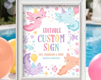 Cartello personalizzato Axolotl MODIFICABILE Rosa verde acqua e viola Axolotl ragazza Whole Lotl Fun Under the Sea Cartello Axolotl Salamandra Cartello da tavolo Canva AX2