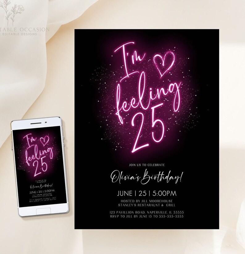 Keaps 25 Lettering 25th Birthday Evite & Printable Invitation Template Pink Neon Digital ...