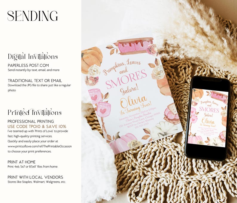This photo explains how to send your Editable Pink Pumpkin and Smores Birthday Invitation after personalizing it in Canva. The printable invitation is displayed beside a smartphone to demonstrate sharing by text message, email, or Paperless Post, with additional options for printing at home, using a local print shop, or ordering professional prints for a girls fall birthday party