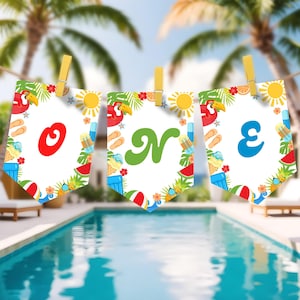 Editable Boy Pool Party Highchair Banner Tropical First Birthday Decorations Summer 1st Birthday Highchair Banner Boy Beach Theme Decor P9A