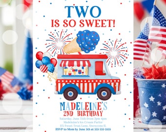 4th of July 2nd Birthday Invitation Ice Cream Truck Birthday Invitation Ice Cream Truck Two Is So Sweet 2nd Birthday Party Ice Cream P2