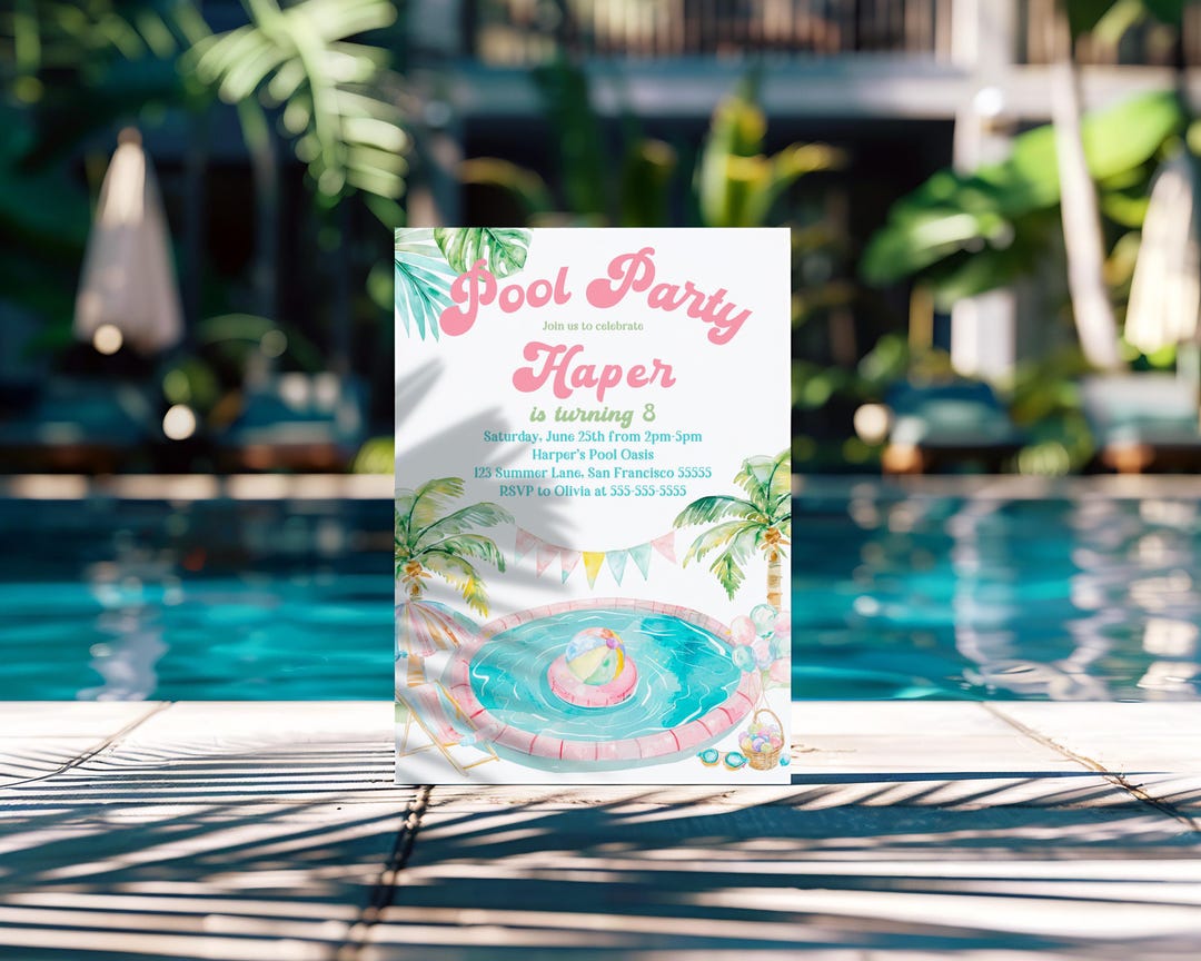 Editable Girls Pool Party Invitation Groovy Retro Birthday Invite Pink ...