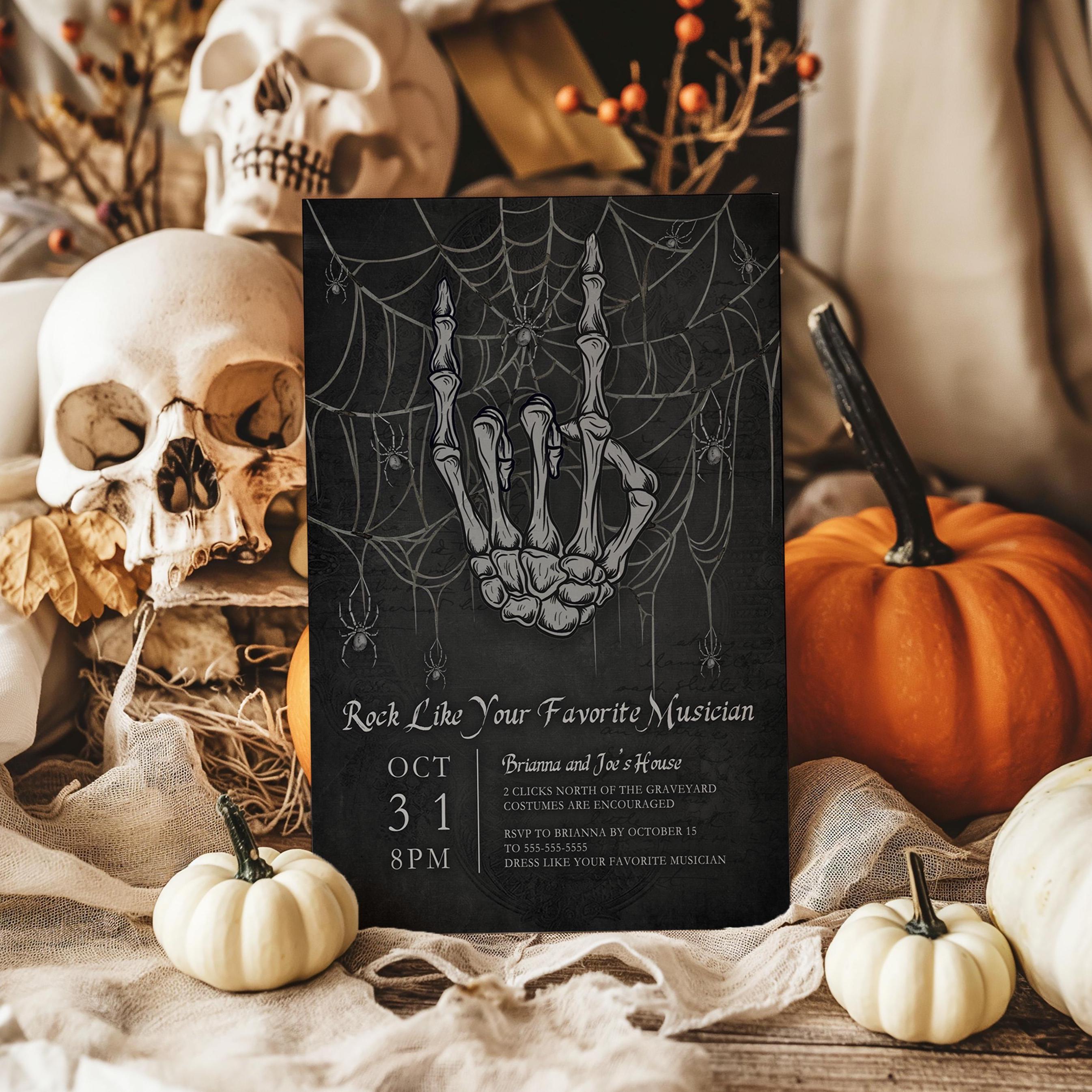 Rock On Skeleton Hand Halloween Party Invitation Editable Skeleton Hand Halloween Invite Printable Spooky Punk Rock Costume Party H3