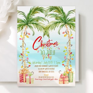Tropical Christmas Invitation Christmas In July Invitation Tropical Christmas Party Printable Holiday Invitation Palm Tree Beach Corjl TC1