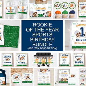 May include: A sports-themed birthday party printable bundle with a green and blue color scheme. The bundle includes invitations, signs, food labels, cupcake toppers, and more. The text "Rookie of the Year Sports Birthday Bundle" is featured in the center of the image.