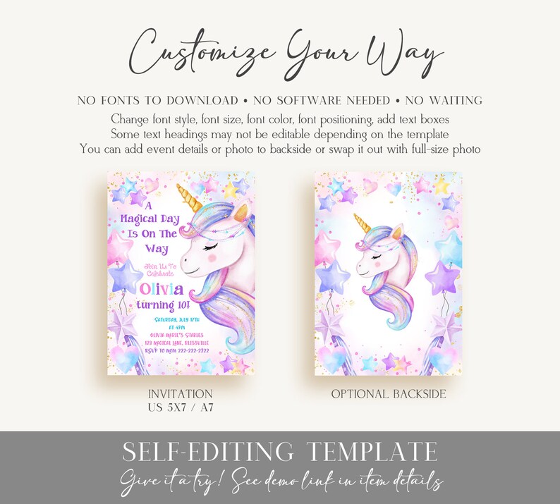 Unicorn Birthday Invitation Magical Editable Unicorn Birthday Invite Unicorn Party Invitation Unicorn Thank You Tag Printable Invitation