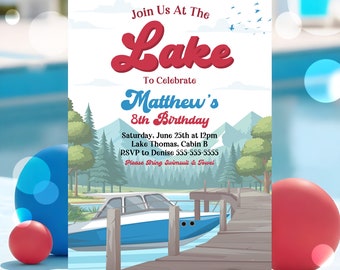 Boy's Editable Lake Birthday Party Invitation Blue Boat Lake Birthday Party Summer Lake Water Party Join Us At The Lake Party Download L4E