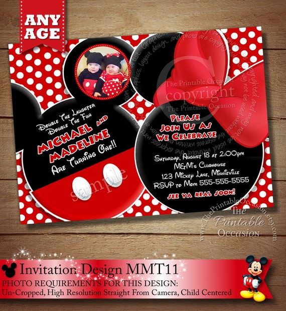 SAME DAY SVC Mickey and Minnie Mouse Invitation For Twins or Siblings, Mickey Mouse Minnie Mouse Invitations For Twins, Invitation, Twins Il_570xn