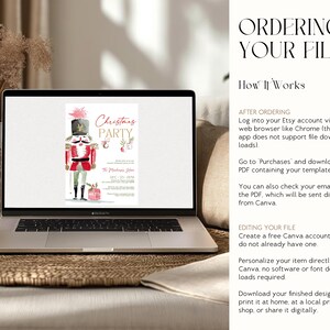 Editable Nutcracker Christmas Party Invitation displayed on a laptop screen for Canva access demonstration. The warm, neutral home office setup includes rattan textures and a decorative vase, emphasizing how easy it is to personalize and download the invitation instantly through The Printable Occasion.