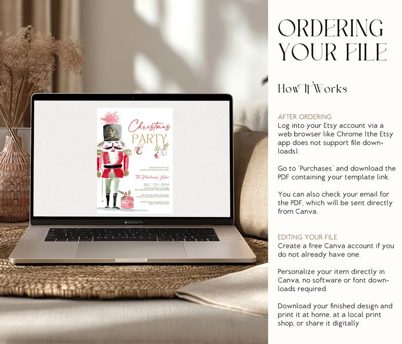 Editable Nutcracker Christmas Party Invitation displayed on a laptop screen for Canva access demonstration. The warm, neutral home office setup includes rattan textures and a decorative vase, emphasizing how easy it is to personalize and download the invitation instantly through The Printable Occasion.