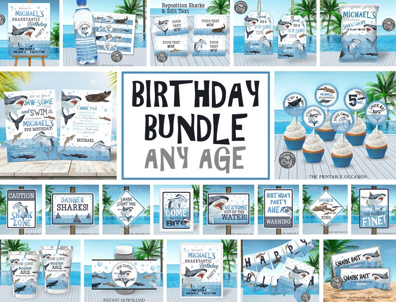 Shark Birthday Invitation Bundle Printable Shark Pool Party image 1