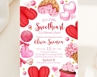 Editable Valentine's Baby Shower Invitation Template, Printable Valentine's Little Sweetheart Baby Shower Invite, Girl Pink Red Hearts VD2