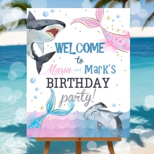 Sharks and Mermaids Birthday Party Welcome Sign Sharks Mermaid Printable Welcome Poster Custom Pool Party Sign Template Instant Download