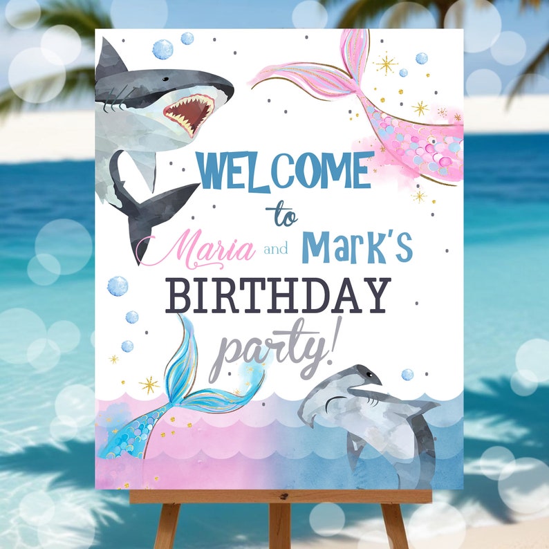 Sharks and Mermaids Birthday Party Welcome Sign Sharks Mermaid Printable Welcome Poster Custom Pool Party Sign Template Instant Download