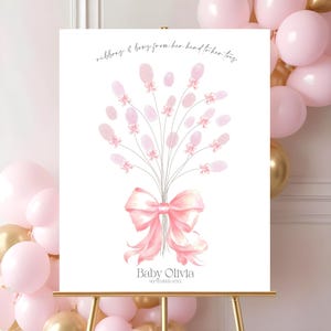 Libro de visitas para baby shower con lazo rosa Alternativa Letrero para baby shower con lazo rosa Recuerdo con huella dactilar de niña Recuerdo con huella dactilar con lazo coqueto editable FB4