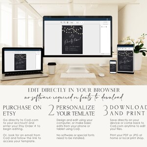 Editable party invitation template shown across a desktop computer, laptop, tablet and smartphone to demonstrate online personalization. The black invitation features glowing string lights and white It's Party Time lettering. The editing screen shows how the party details can be personalized directly in a browser. The finished invitation can be downloaded for printing or digital sharing.