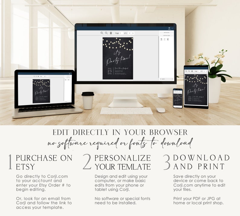 Editable party invitation template shown across a desktop computer, laptop, tablet and smartphone to demonstrate online personalization. The black invitation features glowing string lights and white It's Party Time lettering. The editing screen shows how the party details can be personalized directly in a browser. The finished invitation can be downloaded for printing or digital sharing.