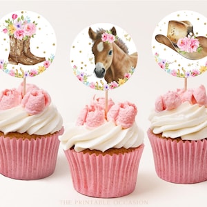 Cowgirl Birthday Cupcake Toppers Horse Birthday Sticker Printable Toppers Tag Pink Gold Floral Cowgirl Horse Party Décor Instant Download H1