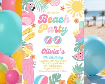 EDITABLE Beach Birthday Party Invitation Tropical Splish Splash Girly Beach Party Invite Summer Party At The Beach Instant Download P4