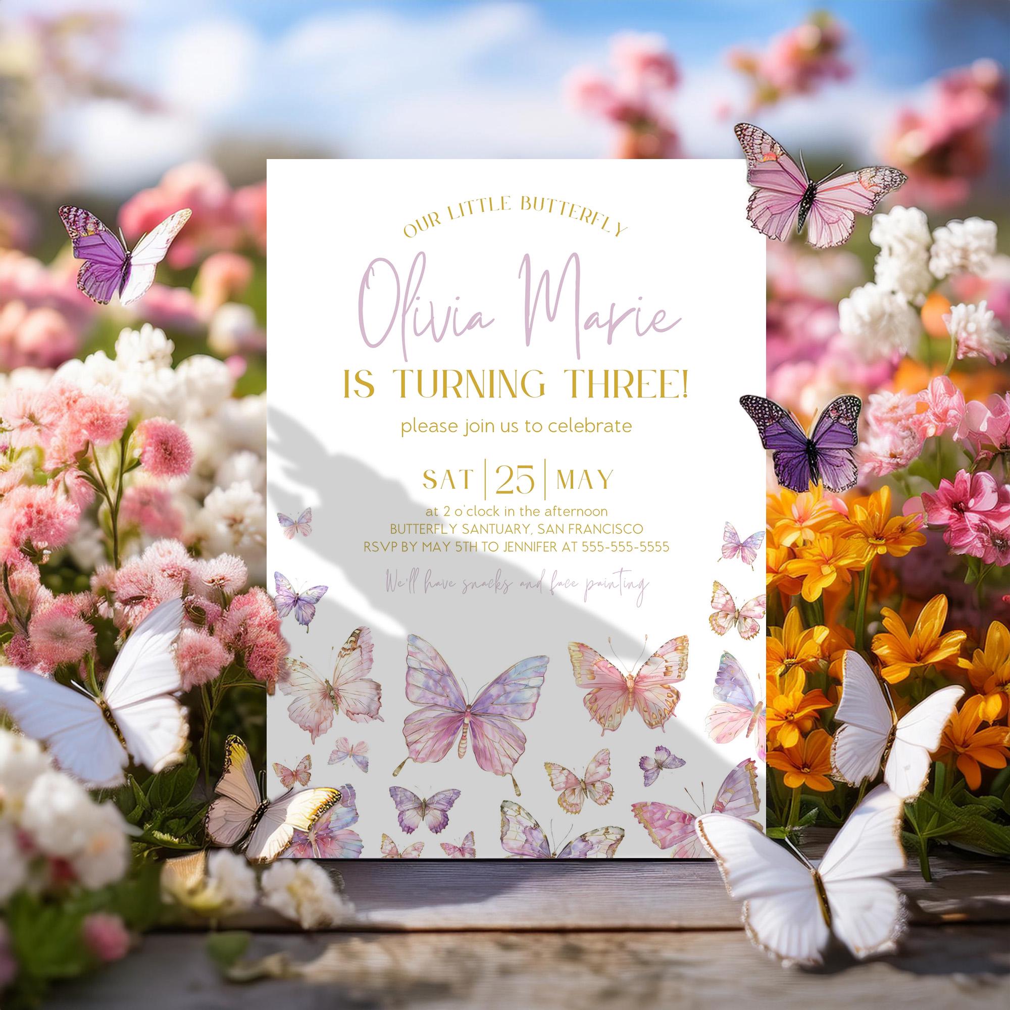 Editable Butterfly Birthday Invitation Girl Butterfly Party Invite Pink ...
