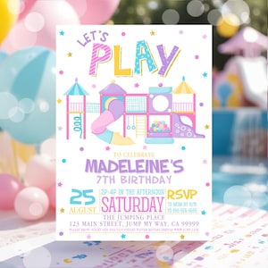 Bewerkbare speeltuin verjaardagsuitnodiging meisje Let's Play Jungle Gym Party Indoor Playground Soft Play Bounce & Jump-feest Canva PL1