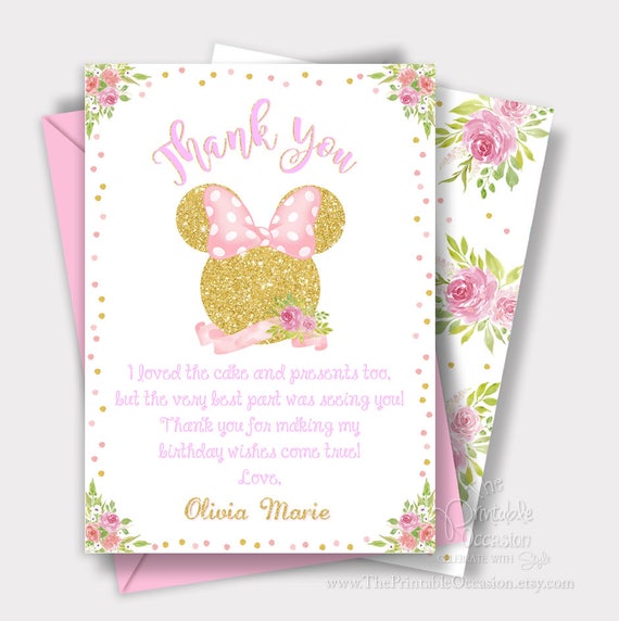 SAME DAY SVC Minnie Mouse Thank You Card, Gold Glitter and Light Pink Thank You Card, Water Color Minnie Mouse Floral Thank You Card Il_570xn