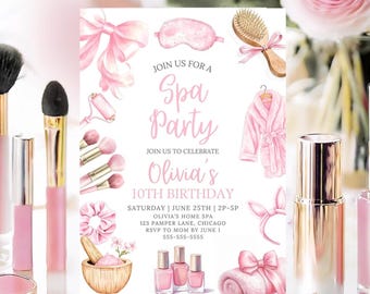 Editable Girls Spa Party Invitation Girl Pink Spa Birthday Invite Pink Pamper Party Pink Bow Invitation Birthday Glam Canva Template SP3